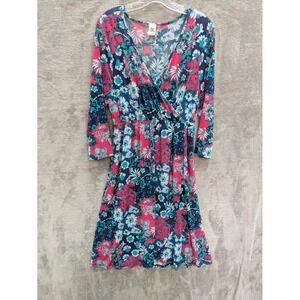Floral Surplice Faux Wrap Dress Women XL Pink Teal Boho Spring Boho 3/4 Sleeve